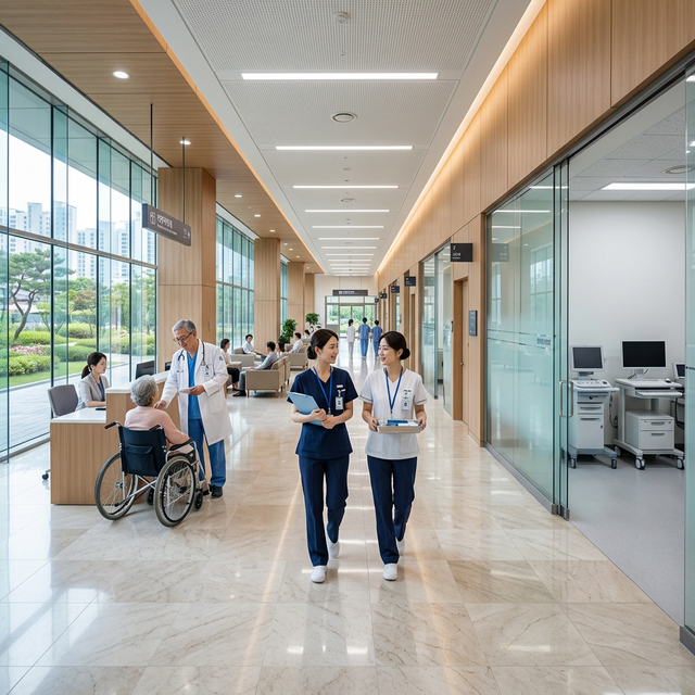 Premium Korean hospital interior with professional medical staff